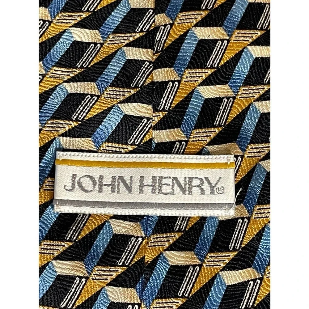 John Henry‎ Mens Vintage Silk Necktie 57 X4 Zig-Zag Abstract Print Blue Gold